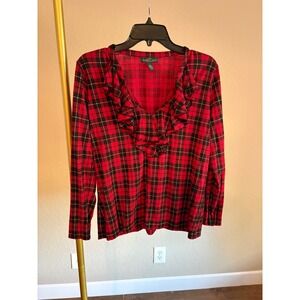 Lauren Ralph Lauren Top Plaid Ruffle Long Sleeve Cotton L Holiday